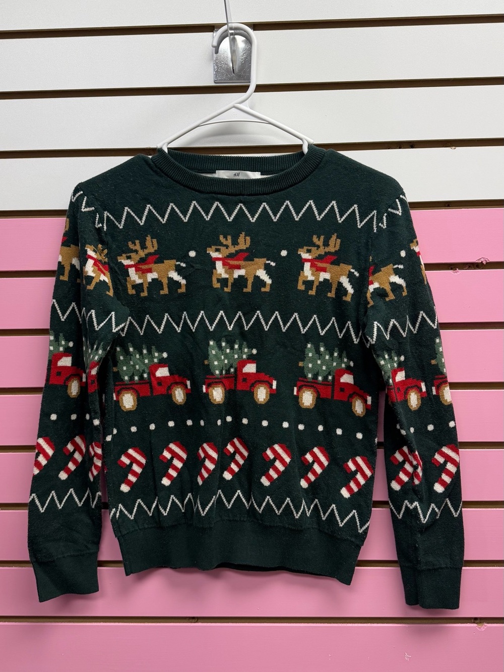 H&M Dark Green Crewneck Sweater with Reindeer, Red Trucks & Candy Canes